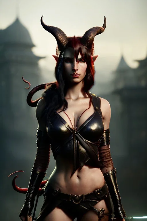 Female Tiefling warrior, demon horns, demon tail, ominous, facepaint, waist up portrait, intricate, oil on canvas, masterpiece, expert, insanely detailed, 4k resolution, retroanime style, cute big circular reflective eyes, cinematic smooth, intricate detail , soft smooth lighting, soft pastel colors, painted Renaissance style