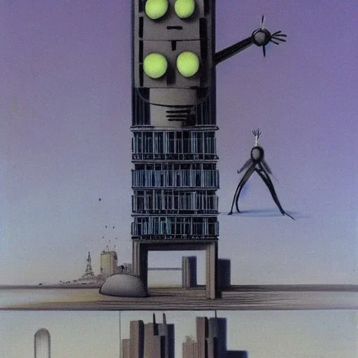 A sad robot sitting on top of a skyscraper by dali