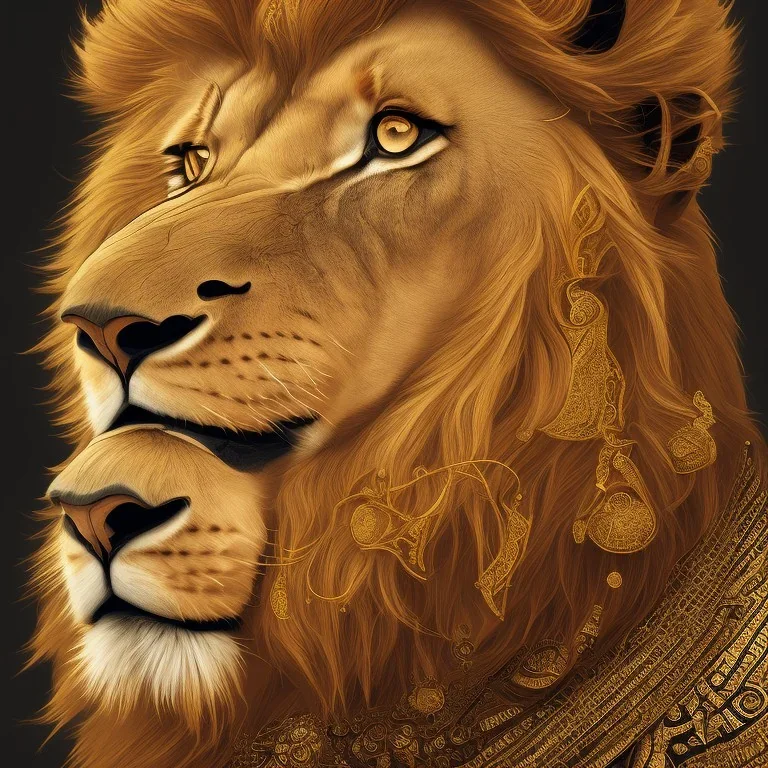 Portrait of a lion, Moroccan traditional art, black and gold, dark, 4k, details