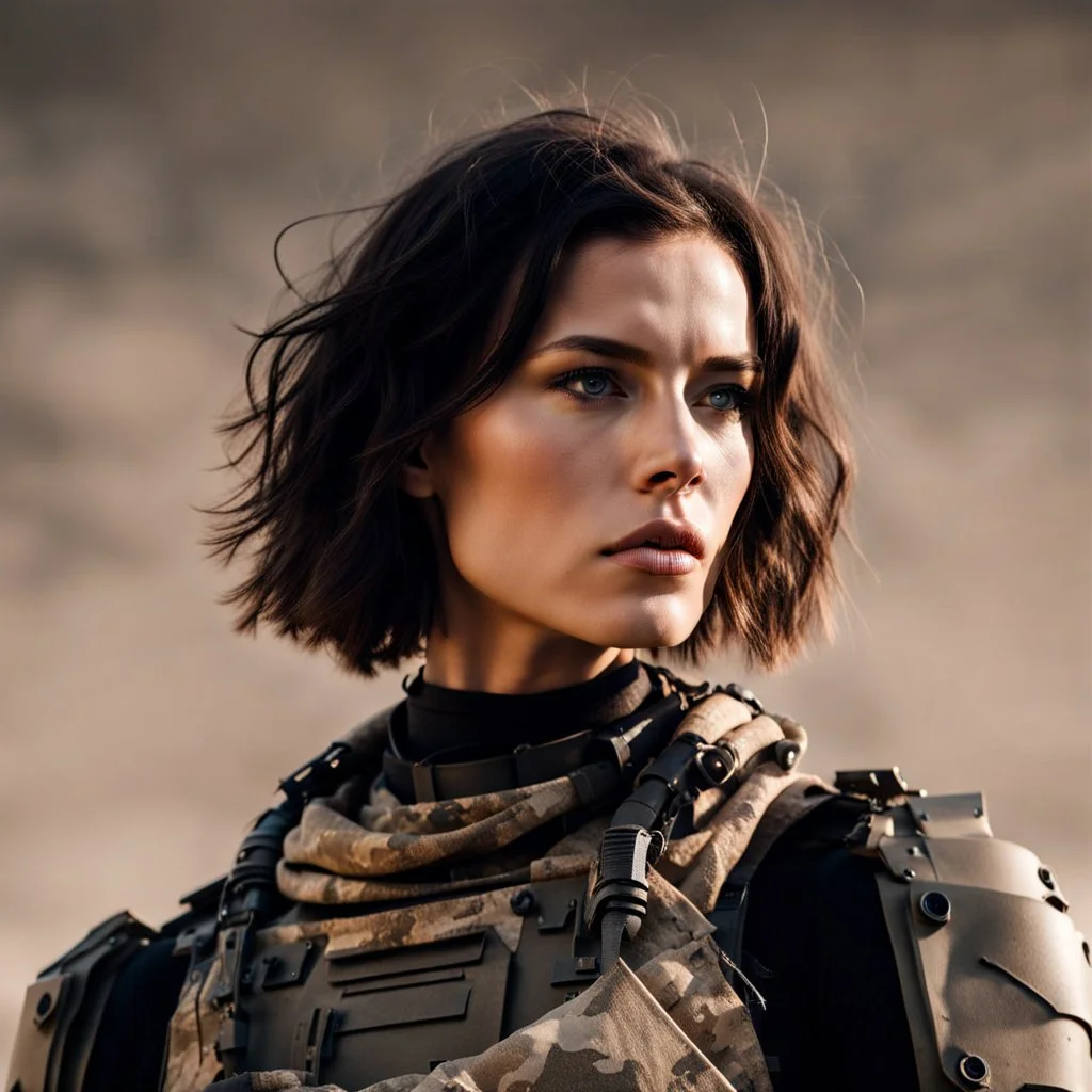 beautiful sexy caucasian female soldier, black metal body and limbs, visible cybernetic limbs, scratched sand camo, no armor, short brunette wavy bob haircut, dystopian, desert scene