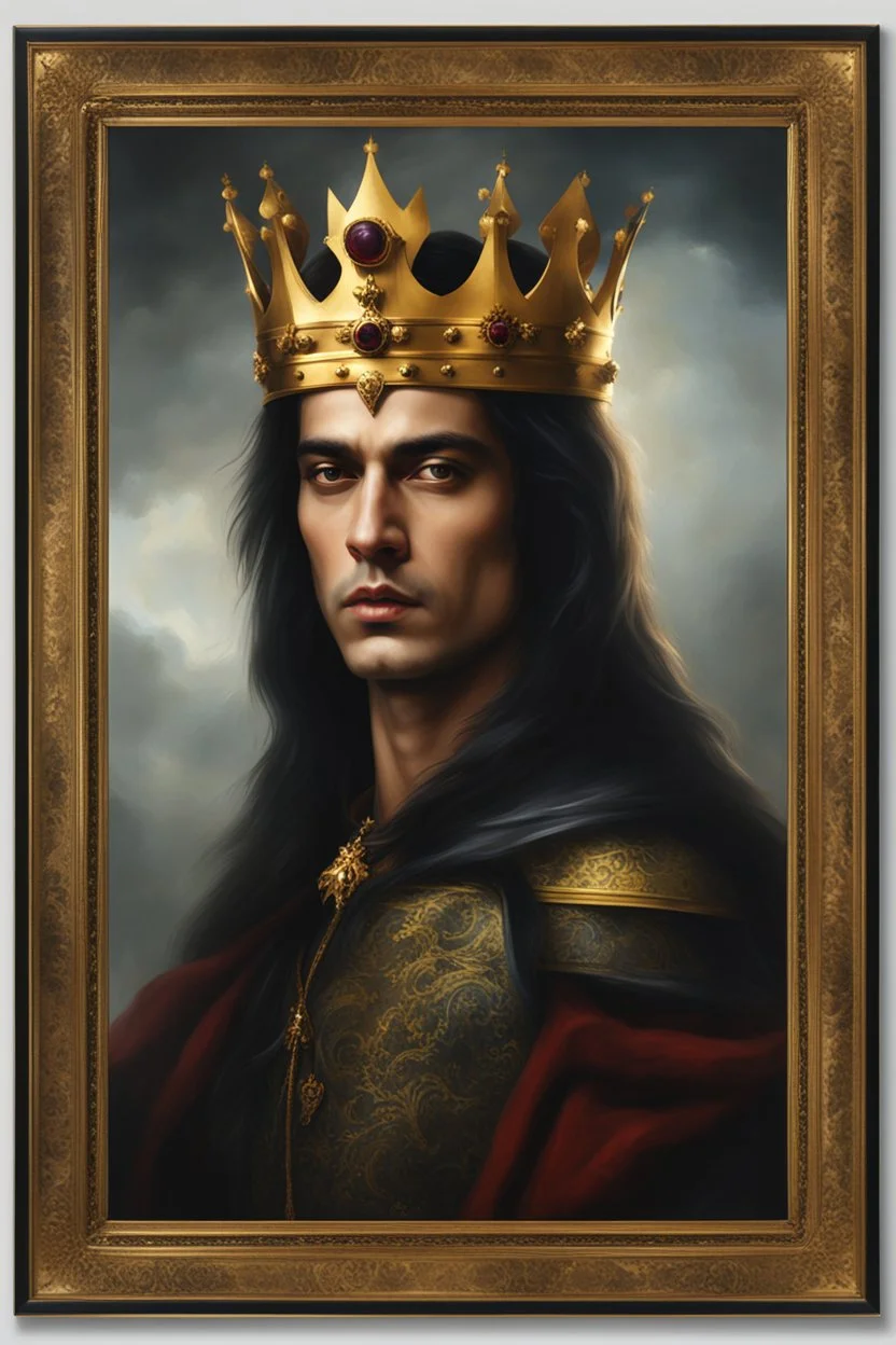 Gothic Gold framed painted portrait of a King wearing a gold crown. His hair is long and dark and he has dark eyes, dak fantasy