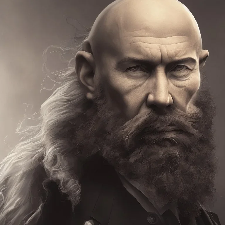 A huge bald man wearing a black suit, black short beard, with a lion