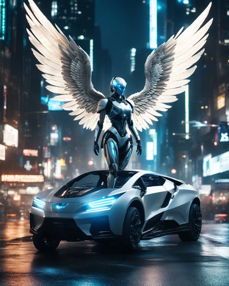 A full length Beautiful humanoid Angel mixed with a body robot,driving flying car futuristic on futuristic cyberpunk city night city street 8k ultra detail photography