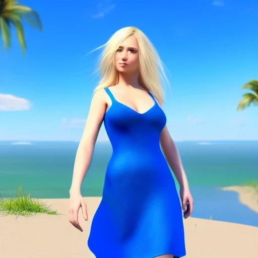 Beautiful sunny face woman blue eyes long blond hair in a blue flower dress on a beach, unreal engine, 4k