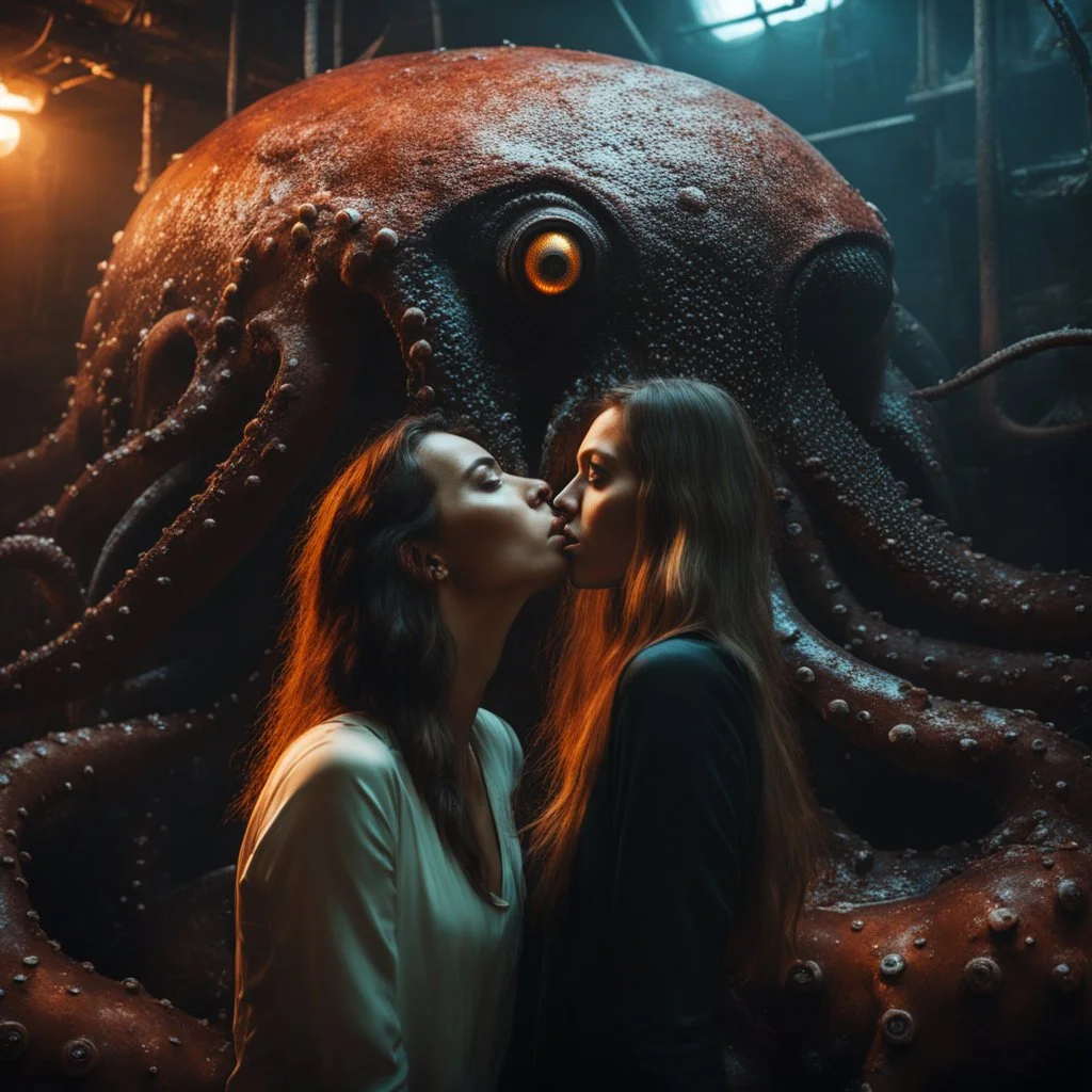 a beautiful girl is kissing a slimy gelatinous octopus creature inside a rusty metal tank, Lovecraftian cinematic lighting, horror movie scene, cinematic, 16k.