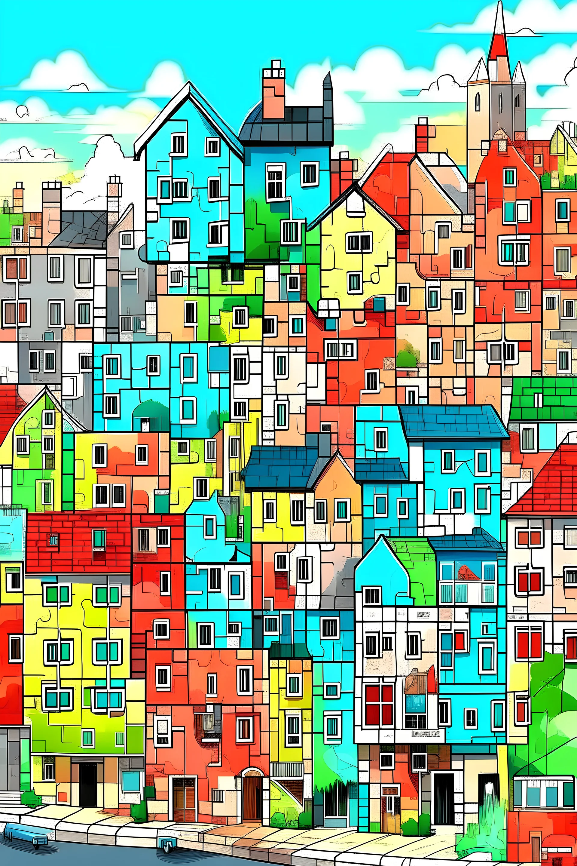 modern Digital Painting of a Jigsaw puzzle of neighborhoods, highly detailed, daylight, colorful