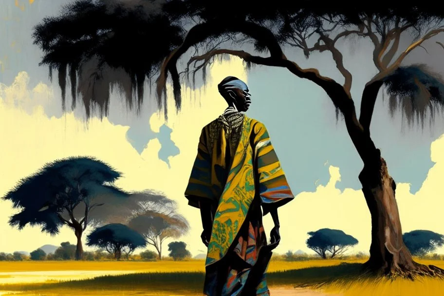 Design, African man, oil painting, featureless, graphic, background, sky, trees, traditional clothes