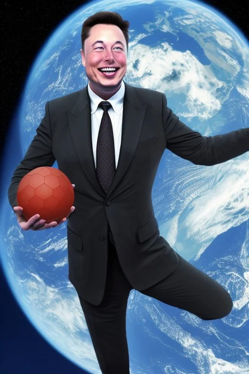 Elon musk holding planet earth in his hands and laughing