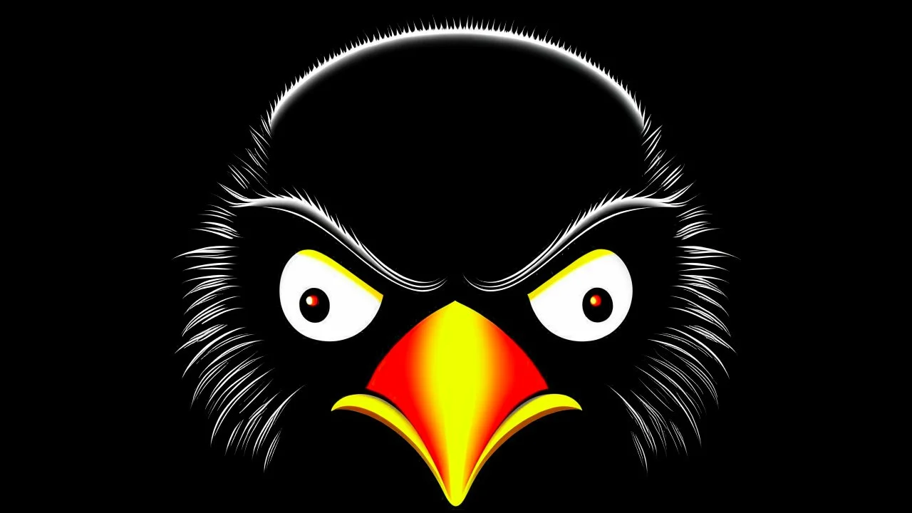 angry penguin | black background | red eyes | yellow beak | clip art