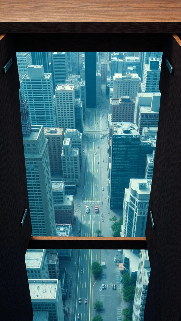 Make an open drawer of a cabinet inside it a surreal modern city with buildings and streets from top view