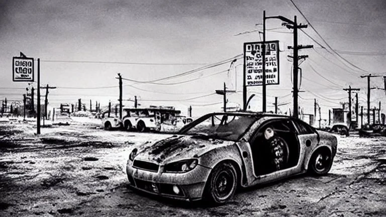 A Tesla's 'Model S Plaid' is racing at top speed, across the post-apocalyptic world of the 'Terminator' movies. CINEMATIC. WIDE ANGLE LENS. PHOTO REAL.