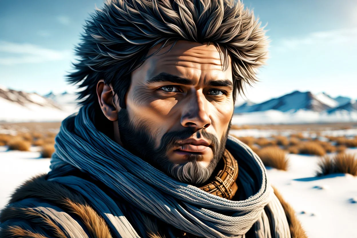 create a young, otherworldly lost Siberian nomadic wanderer with highly detailed, sharply lined and deeply weathered facial features in a desolate tundra steppe landscape , in natural winter tundra colors, hyper realistic, 8k, 3d render