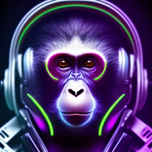 A beautiful portrait of a cyborg monkey purple neon color scheme, high key lighting, volumetric light high details psychedelic background