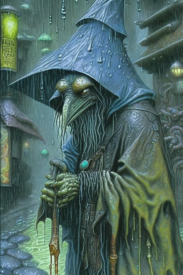 Sure got cold after the rain fell, in the style of Hieronymus Bosch, Tyler Edlin, David A. Hardy, Acid Dye Ink, Hyper-realistic textures, Precise details