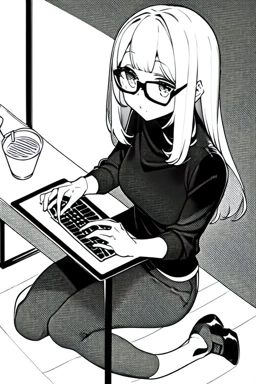 hacker girl with glasses use a laptop sitting in a cafe, line arts, greyscale