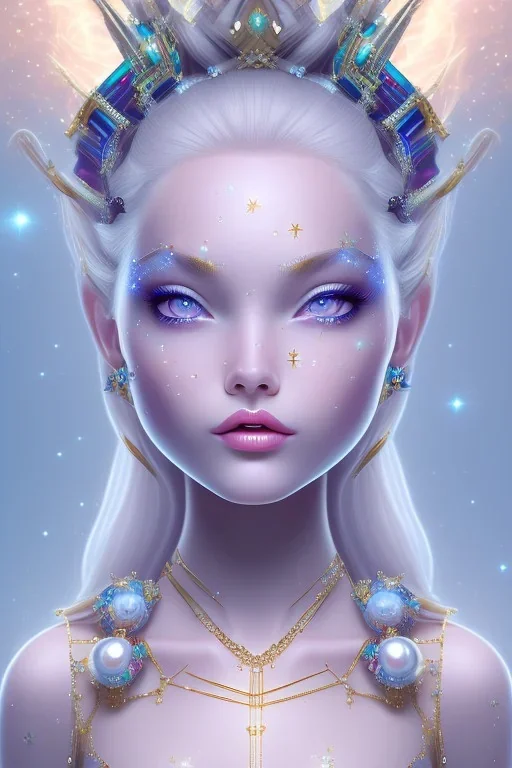 cosmic girl belle fine, grand front cosmique, peau blanche cristalline, yeux bleu, perle sur le front long cheveux etoilé cristaux sur le corps, collier de grande princesse, levres souriante, jolie sourire