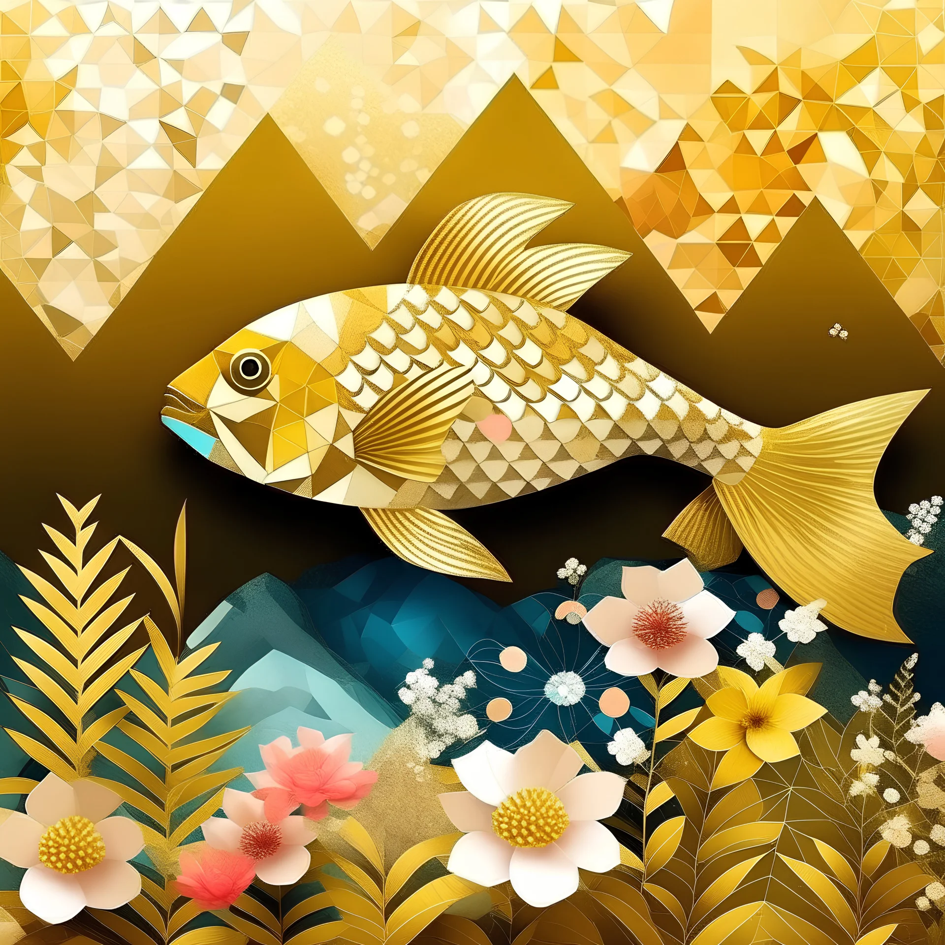 Crear un cuadro geometrizado de unos peces fantásticos sobre unas rocas y flores con un fondo dorado.