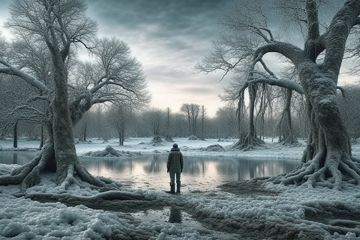 ice, winter, dry trees, person, pond, sci-fi, epic