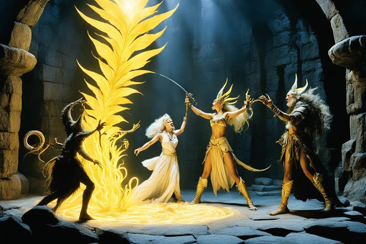 (crazy psychedelic high res photo by Ray Harryhausen) Deities confrontation in a dungeon: Canna's hand rises, fingers outstretched. The golden light concentrates into a glowing tendril that whips through the air like a living thing. The White Witch shifts her weight slightly, but doesn't back away as the tendril wraps around her throat—not crushing, but testing. The golden light pulses against her pale skin.w_triangle_warn