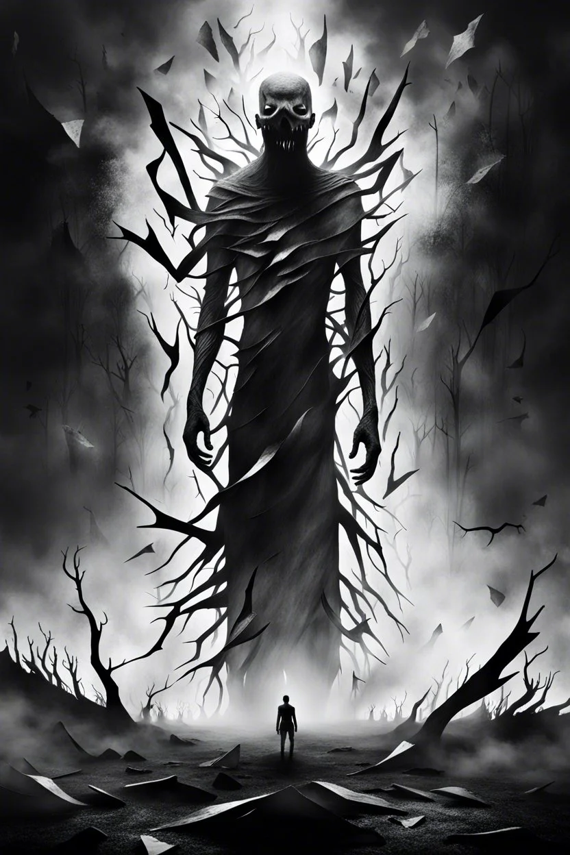 surreal vibe, grayscale, black and white, a caracter dissolving into shadows and fog, body torn into shards of light and darkness. A haunting, nightmare, composition that captures isolation, inner demons, struggle of anxiety. surreal, fog, shadows, atmospheric