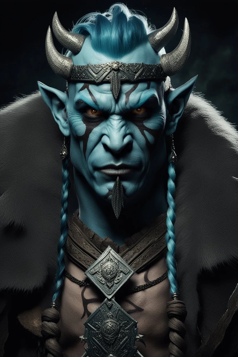 portrait of an orc king with pale blue skin. Tribal Tattoo. Dark braided hair and ice blue eyes. He's smirking. Half of his head is shaved. wearing jewellery. Carrying a battleaxe. High resolution. 4K. 8K. Dark Fantasy style. Cave in the background