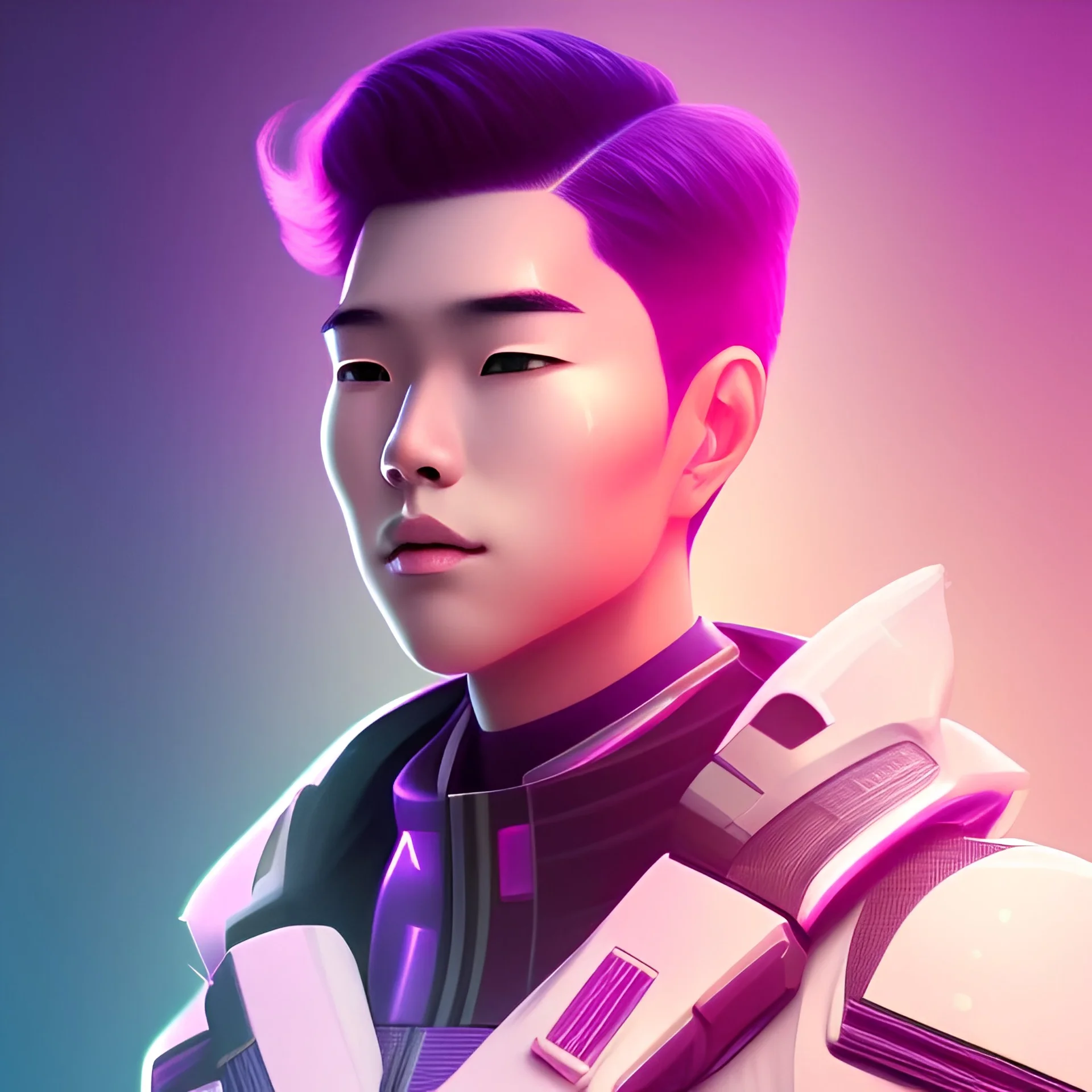 Cute Asian boy face, Sci-fi character, purple backlight, pink and purple, scifi suit, profile, purple background, pink lighting