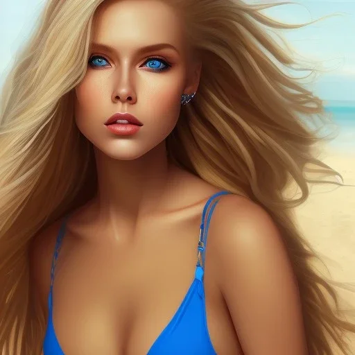 retrato de mujer rubia en playa en bikini con ojos azules