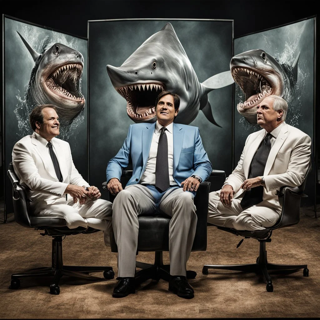 Scary stories of the Shark Tank interview with Mark Cuban, intimidating Mark Cuban sitting cross-legged in interview chair, Alex Majoli and Joel-Peter Witkin deliver a surreal masterpiece, photorealism, warm hues, weird, creepy, sharp focus, claustrophobic