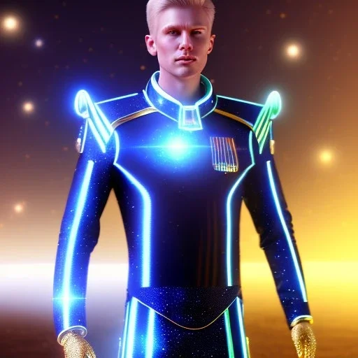 Handsome galactic man, glitter blue and white galactic suit with jewels, blond hair, blue eyes, cinematic lights, full details, hight quality, unreal engine 5, 4k, cosmic stars background