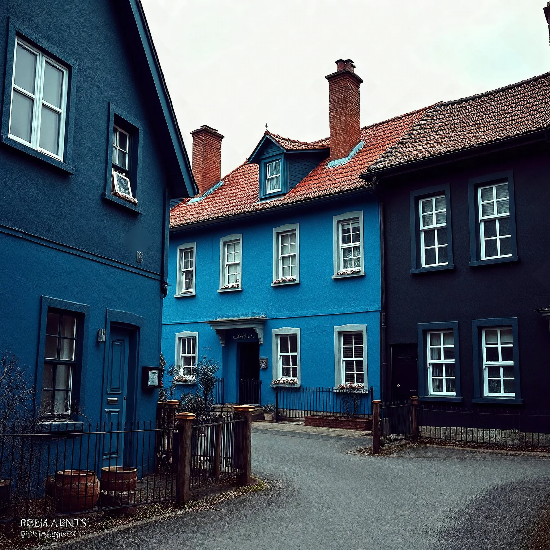 Fotografia di strada assurda e falsa a Magog blu weirdcore dai colori vivaci. Sfasato. Non luogo falso, inusuale. Max Ernst. Le case sono false e dipinte di nero chiaro con cose stilizzate e dettagli. Ci sono finestrelle false quadrate, che danno un senso distopico e molto surreale, disposte in modo casuale. L'atmosfera generale sembra noiosa e onirica, con un contrasto tra elementi reali ed elementi dipinti falsi, René Magritte