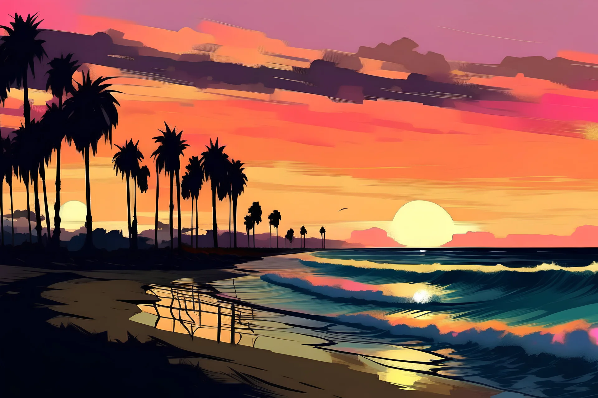 Generate an image of Marina Beach at sunrise, with colorful skies, silhouettes of palm trees, and waves gently crashing on the shore.