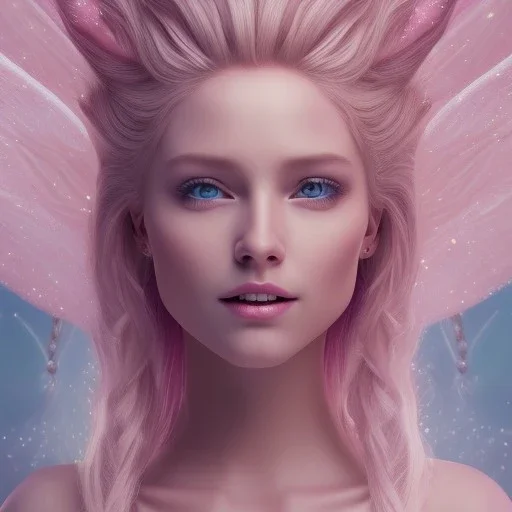 a pink castle, a cheerful fairy in front, big smile, pink, blonde hair, beautiful, whole face, whole top hair head, wide open blue eyes, transparent wings onn the back, hyperrealism, masterpiece, expert, cinematic lighting, sharp focus, 8K, pastel, macro lens, woman, detailed, flower