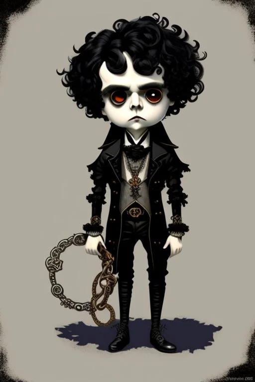 black haired black eyed young man necromancer steampunk Gnome that looks like a young Edgar Allan Poe with gothic jewelry in the style of Charles Addams