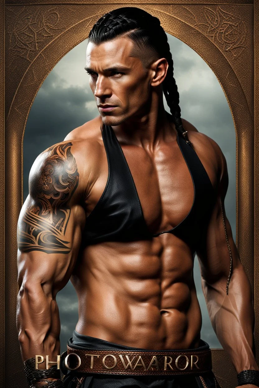 portrait of a 35 year old Handsome muscular warrior with lightly tanned skin and tattoos and dark braided hair. photorealistic