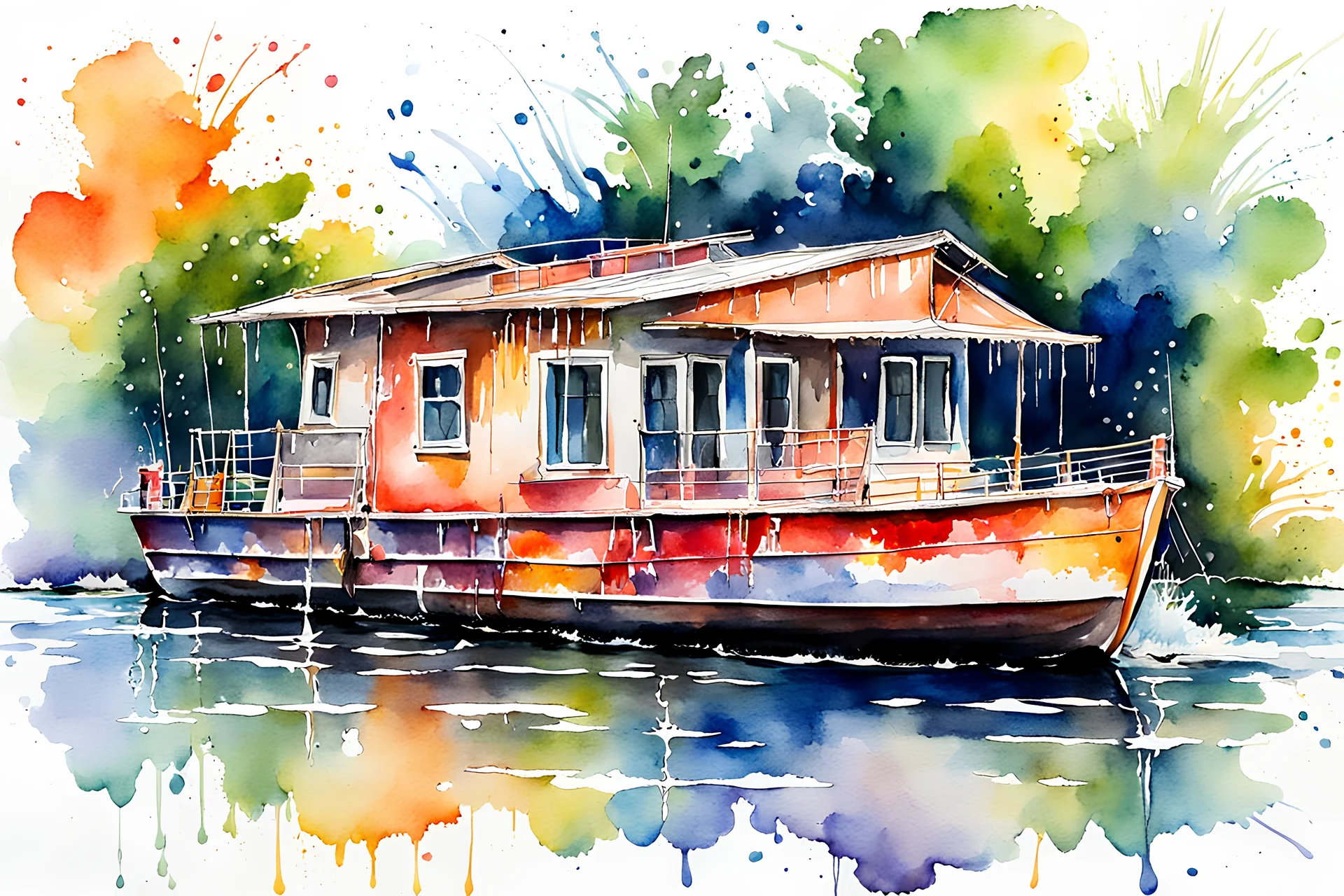 washed style watercolor painting of a houseboat in ,, Razumovskaya style, watercolor painting. paint splash, drip