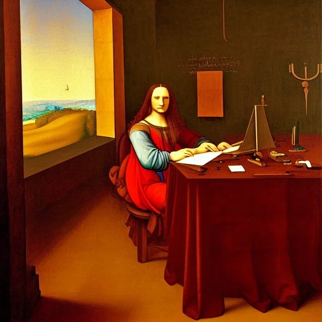 leonardo da vinci works a laptop at his desk. painting in photoshop. hyperdetailed, warm colors, movie poster, oil on canvas, lens flare