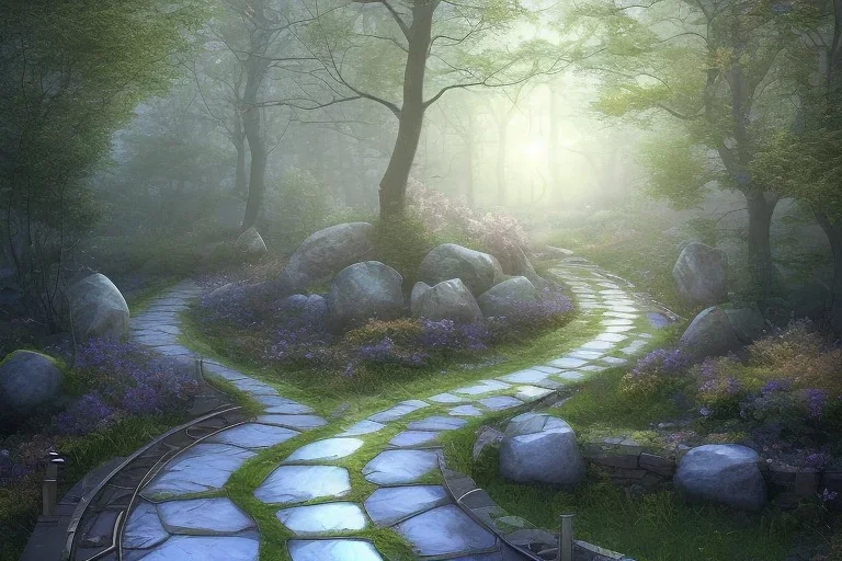  winding stone path lit river