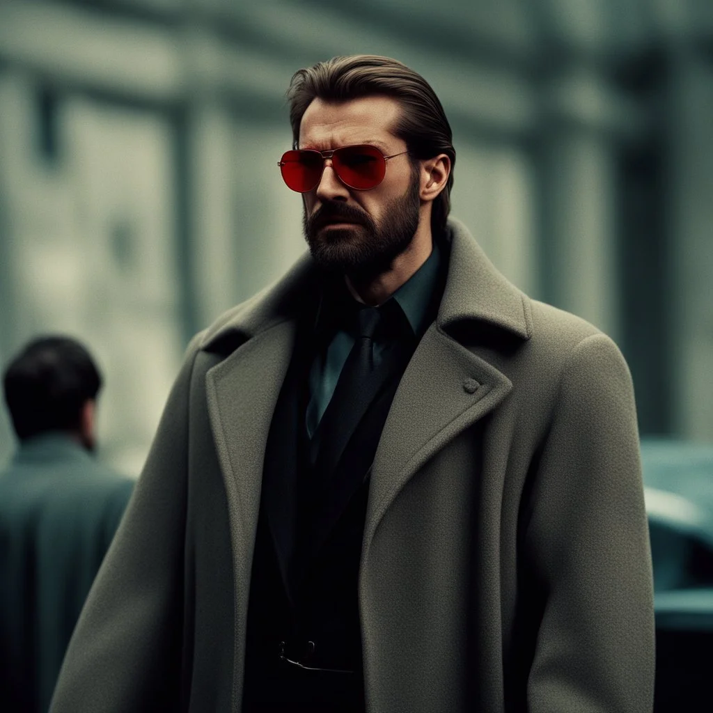 a young man with big muscles who looks like hans gruber wearing a heavy coat and red sunglasses staring with an angry look on his face