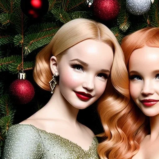 Dove cameron and teen robyn lively, meticulously detailed beautiful faces, meticulously detailed hair; christmas, snow, gothic, sparkles; ethereal fantasy. hues of christmas. hideo kojima. realistic oil painting. victorian era, glitter, snowflakes, holly, pinecones, old fashioned, vintage, antique, beautiful, renaissance, 16k