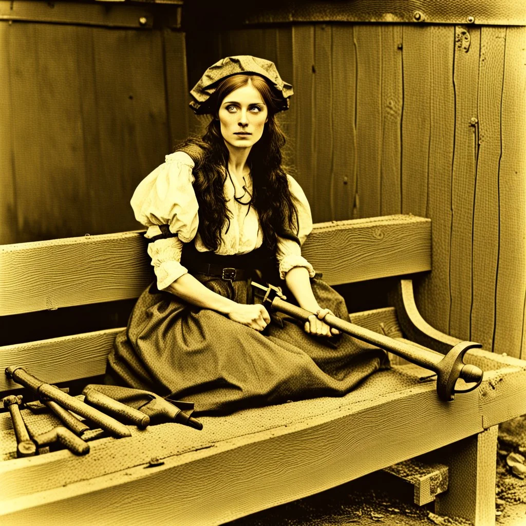 A wench with a wrench on a bench in a trench.