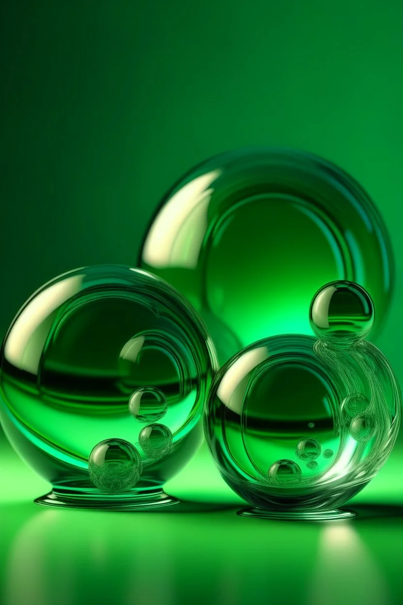 large and small glass balls figure swirling on the air and glass bubble balancing, calming nerves, relaxation, light shades, green tint background