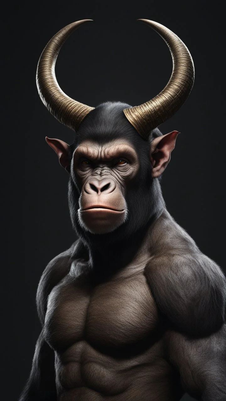 ((ape with horns)), dark background, mid shot, full body, neutral expression, buzzcut hair, ultra realistic, highres, superb, 8k wallpaper, extremely detailed, intricate, limited palette,