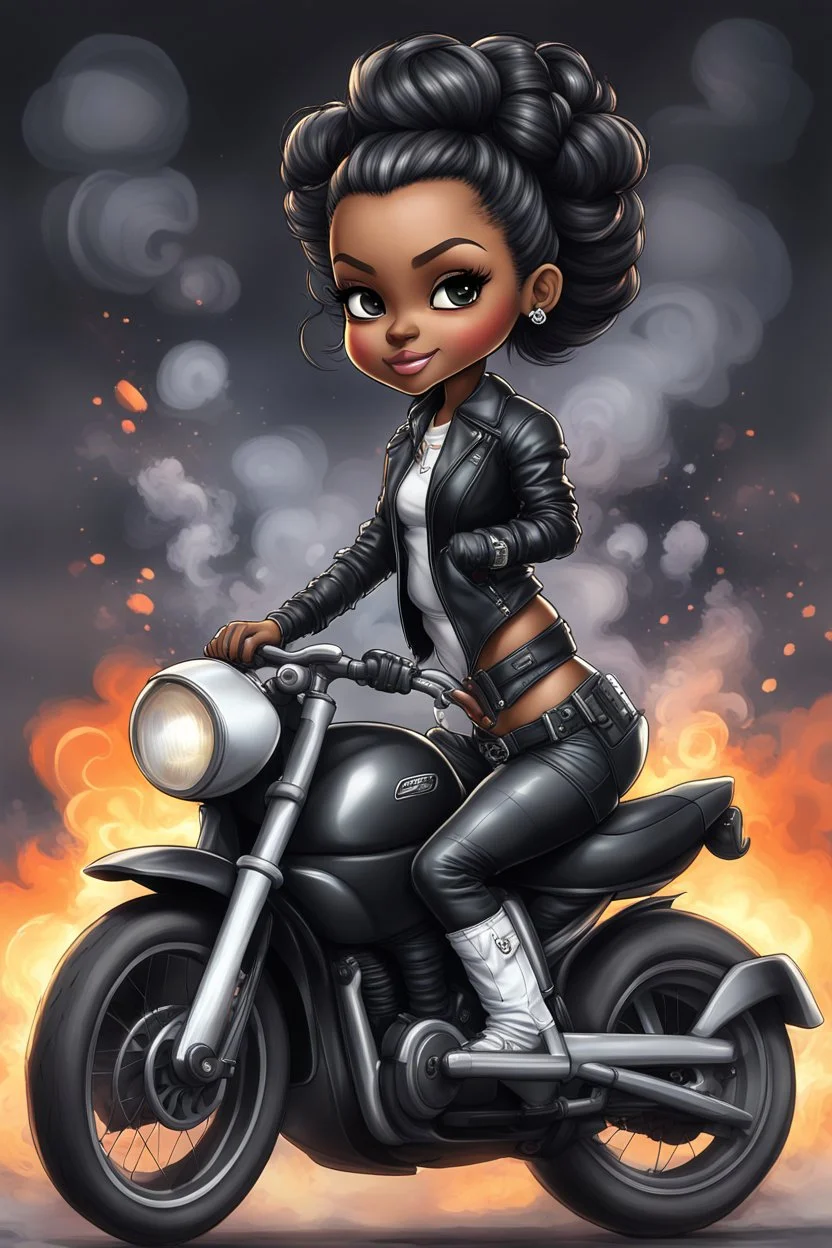 Create a digital airbrush illustration of a chibi cartoon full figure black female riding a sports motorcycle. She is wearing tie dye and black tights with biker boots. Prominent make up with log lashes and hazel eyes. Extremely highly detailed black shiny wavy hair up in a messy bun. Background of smoke surrounding her and the bike and she's at a bike show.