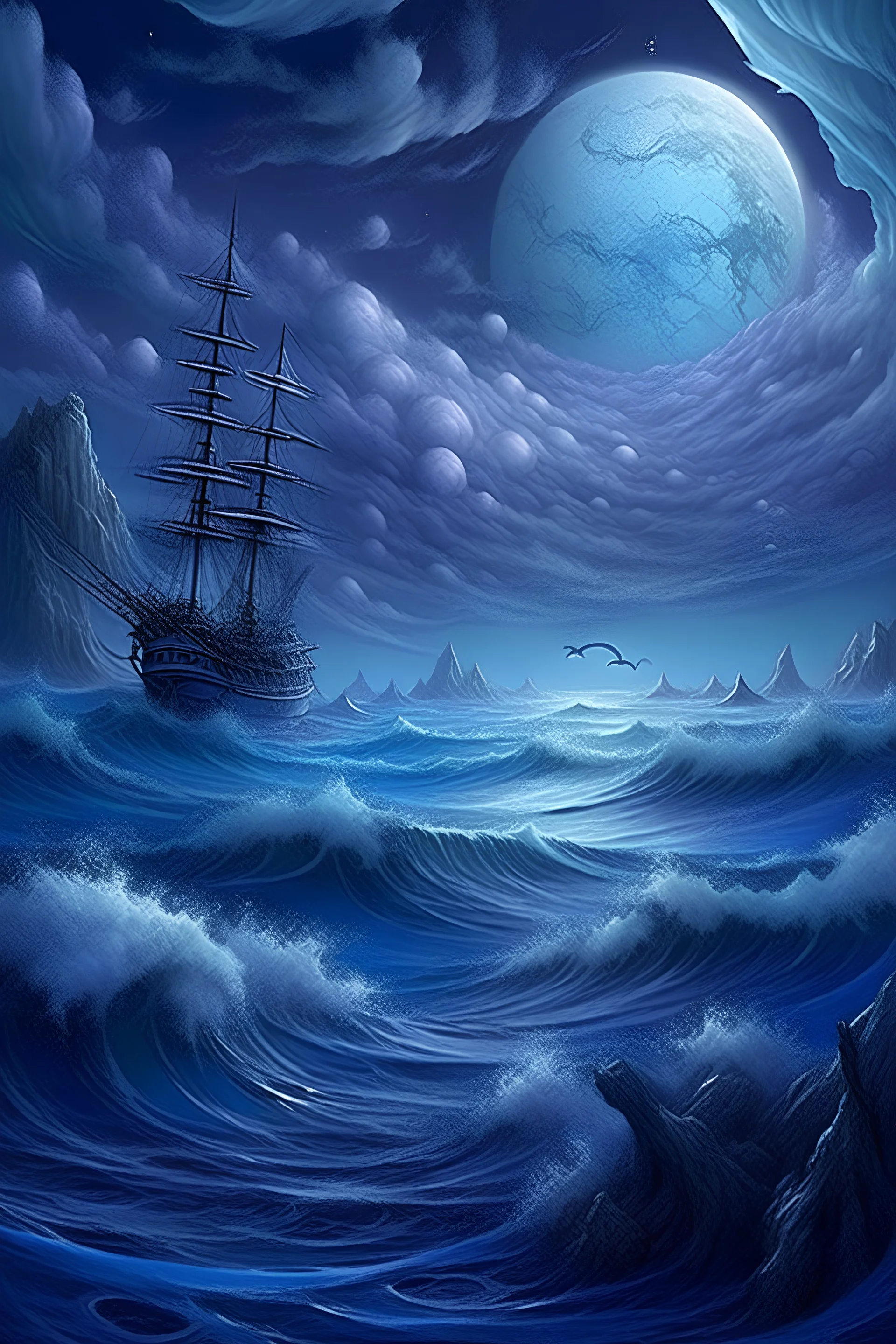 raging sea, blue-white, airy, wind, clouds of smoke, epic, fabulous landscape,3D,horror, 16k,surrealism,detailed drawing of details, transparent watercolor, clear outline, starfall, beautiful night landscape, dark fantasy, blue, white, lilac, neon, detailed, engraving, color illustration, star map, moon, stars, space