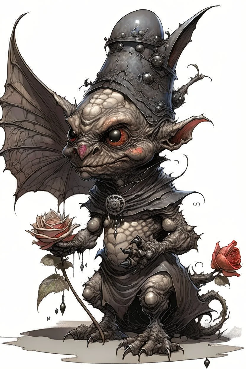 Artist Jean-Baptiste Monge style. A humanoid biomechanical Black bat-flower headed Baby with red eyes and a black dress. Modifiers: award winning crisp quality very cute