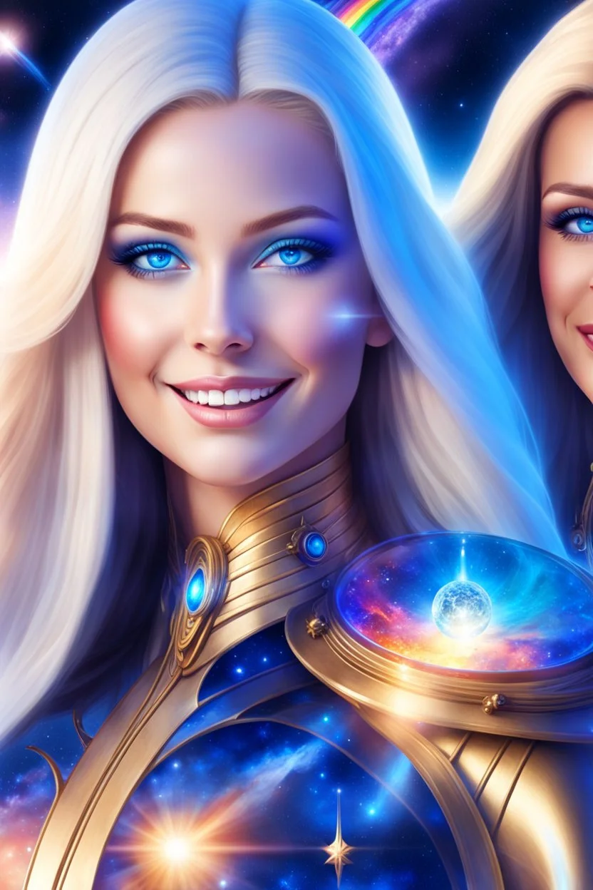 cosmic woman smile, admiral from the future, one fine whole face, crystalline skin, expressive blue eyes,rainbow, smiling lips, very nice smile, costume pleiadian, Beautiful tall woman pleiadian Galactic commander, ship, perfect datailed golden galactic suit, high rank, long blond hair, hand whit five perfect detailed finger, amazing big blue eyes, smilling mouth, high drfinition lips, cosmic happiness, bright colors, blue, pink, gold, jewels, realist, high commander