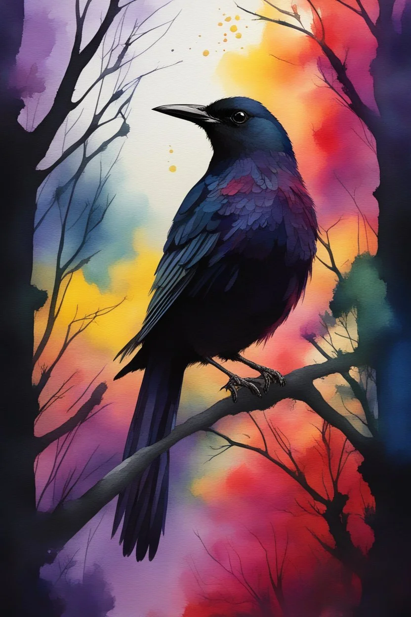 A beautiful colorful black bird in dark red and purple and yellow trees and dark green and dark blue colors only, thin lines draw style , Busch painting style nightmare with sunshine in the middle, watercolors splash