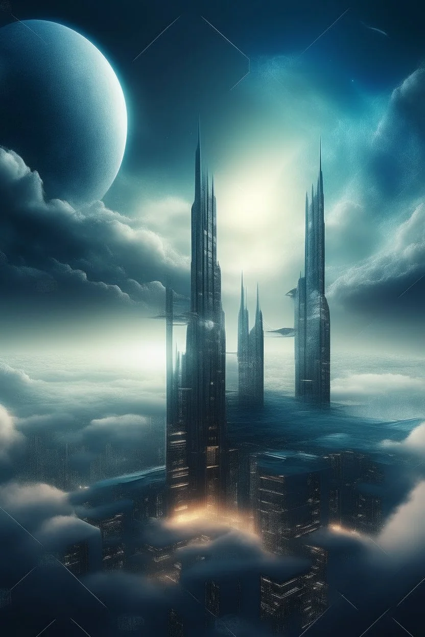 The future modern buildings in another dimension surrounded with stars and galaxies and clouds and fogs, Busch painting nightmare style , 3D , scary, magical, mysterious