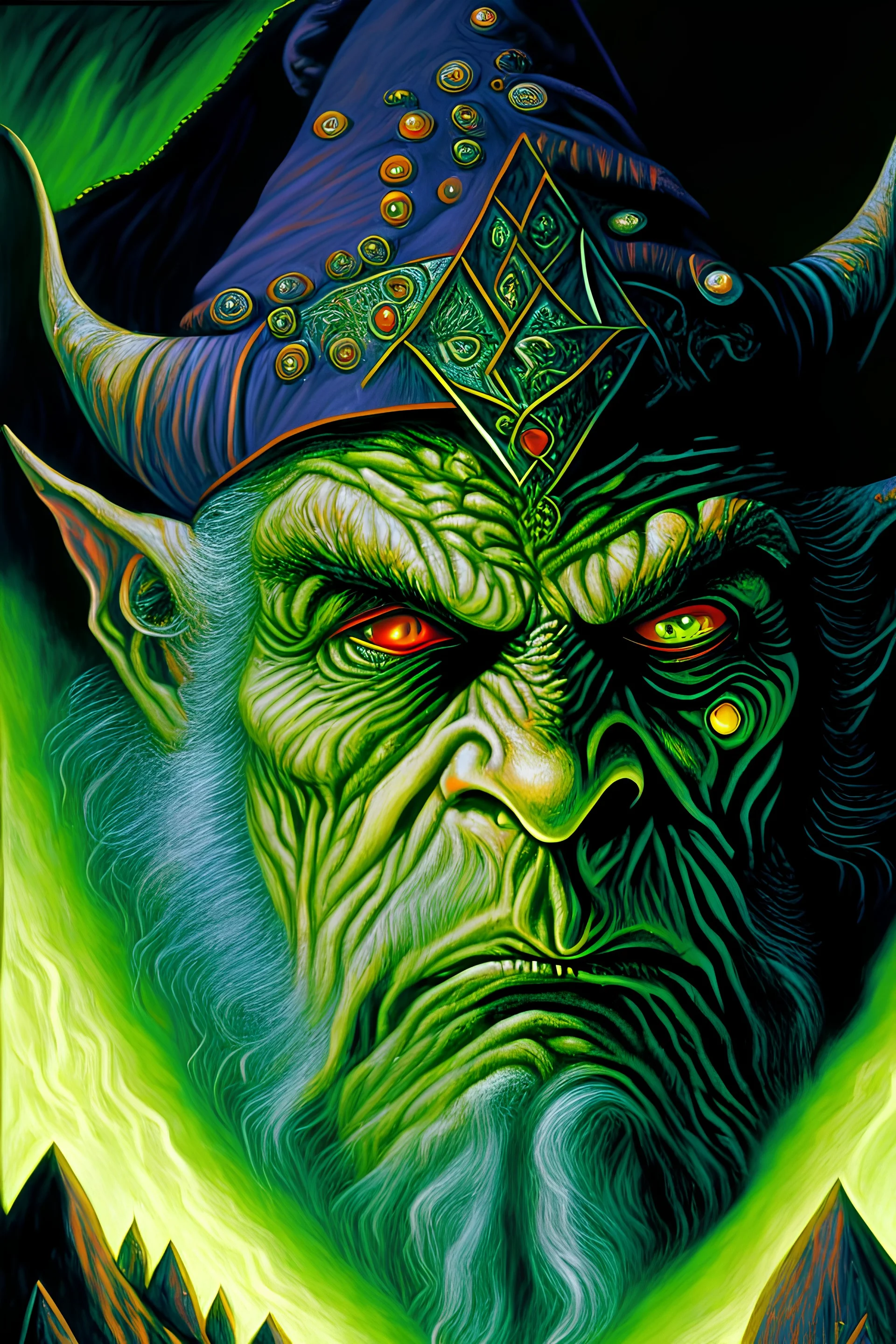 Portrait of a larger than life, mountainous goblin sorcerer, with a giant gem on his forehead, wrinkled green and grey skin, in the style of Artwork by Albert Lynch, sinking deep into bittersweet melancholia, dark angry eyes, 70s psychedelic drawings, alex grey, sense of awe, pale skin, night, dark twisted fantasy, macabre fine art