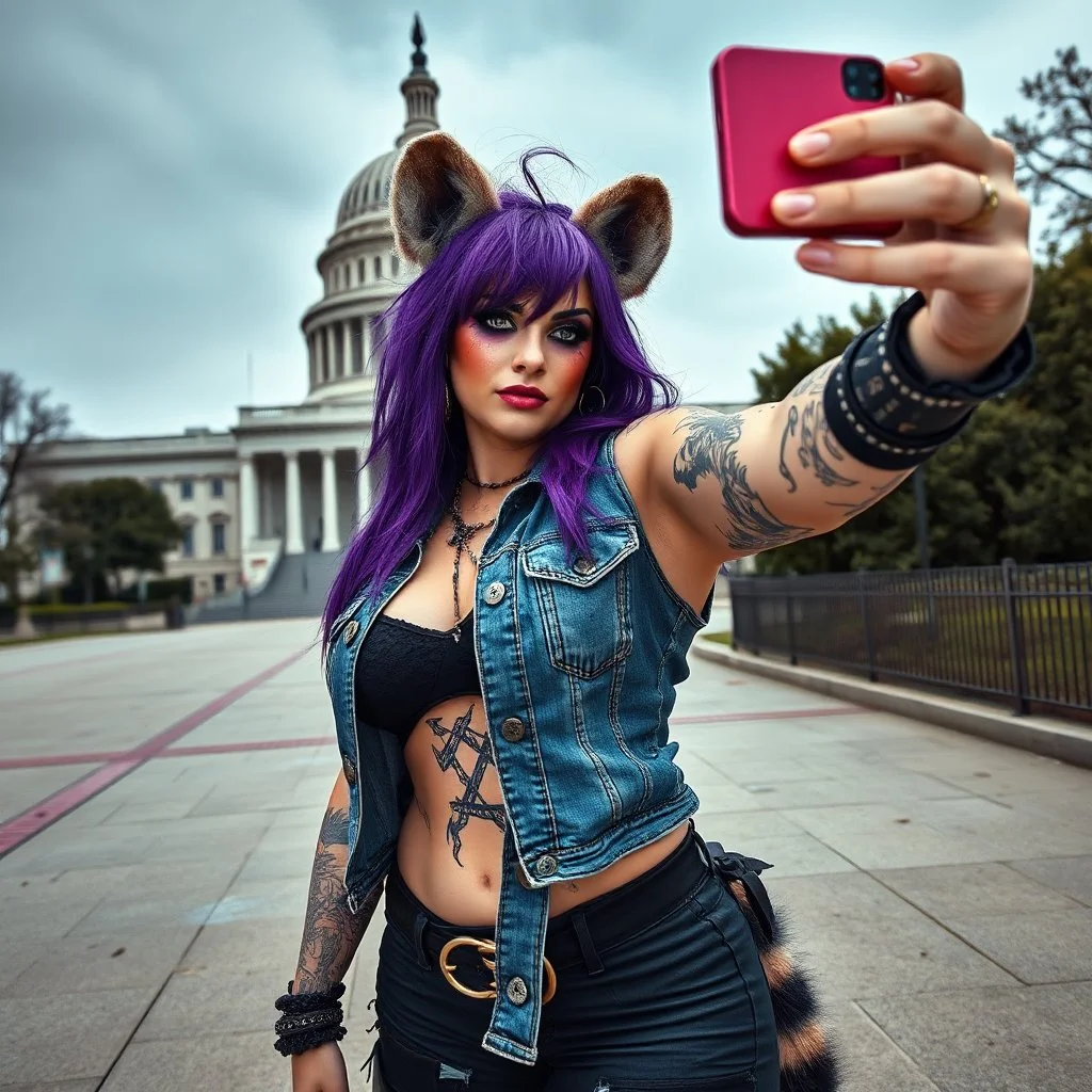 SCUZZPUNK AESTHETIC: FILTH, GRIME, STINK... SCUZZ. And a DEVIL-MAY-CARE FLIRTATIOUS SASSY IRREVERENCE. Denim vest, purple hair, anthropomorphic curvy, bottom-heavy she-hyena posing for a selfie outside the capital building